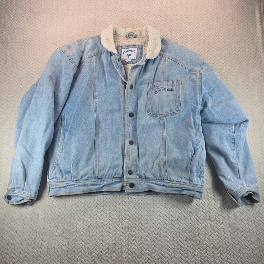 90's Camel Men's XL Sherpa Lined Denim Jacket Light Wash Blue Button Front